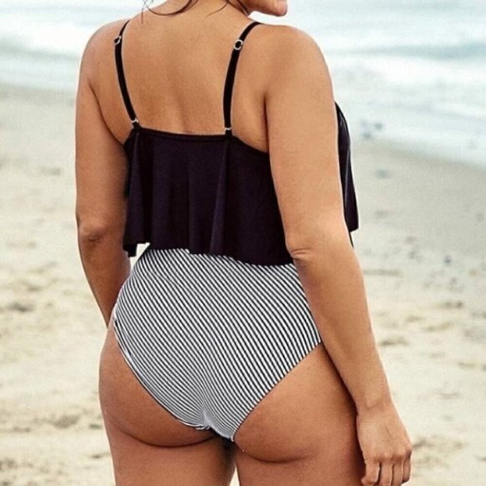 NEW Black White Tankini Bathing Suit Set Size 1X Stripe High Waisted Plus Size - Picture 2 of 8